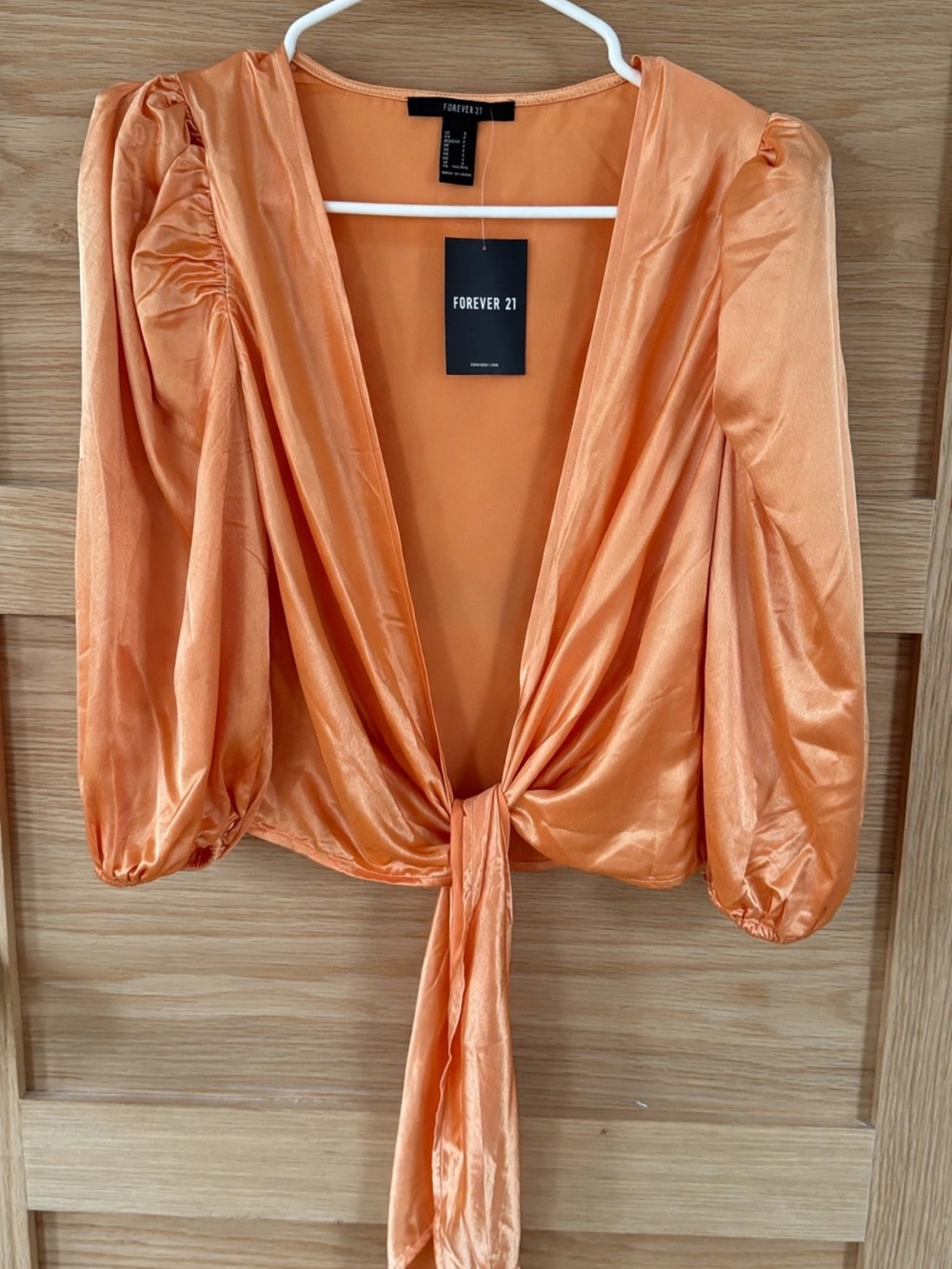 Forever 21 Orange Satin Tie-Front Puff Sleeve Top